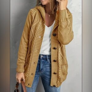 Cable Knit Hoodie Cardigan - Khaki